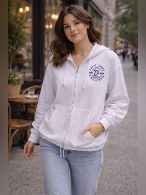 Great Lakes Unsalted Full Zip Hoodie White Nautical Graphic Large